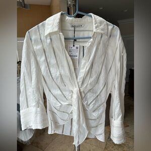 Zara White Cuffed Sleeve Blouse with Notched Collar